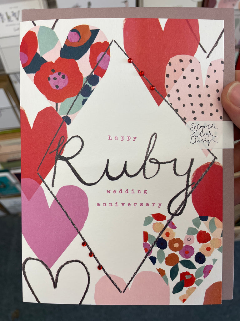 Anniversary 40th Ruby Range Stop the Clock Hearts and Flowers Card